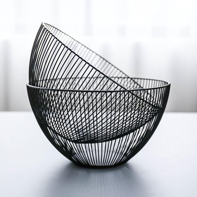 Metal Wire Fruit Basket, Black Fruit Vegetable Bowl for Kitchen Counter, Round Produce Storage Basket for Veggie Snack (Round A)