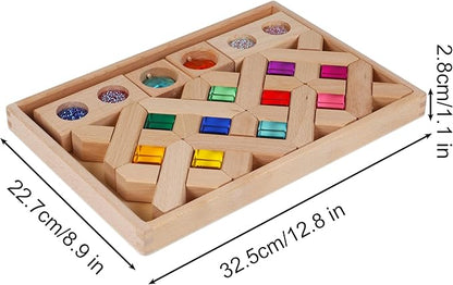 22PCS Wooden Cross Shape Blocks with Colorful Acrylic, Sparkling Square Monochrome Kaleidoscope Gem Educational Construction Toy for Toddlers (22PCS Fence Mixed)