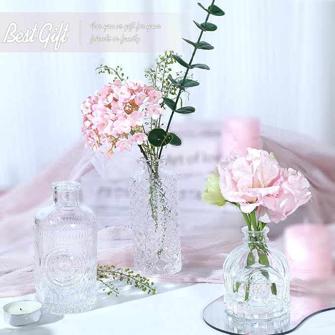 Glass Bud Vase Set of 5, Small Clear Flower Vases for Centerpieces in Bulk, Mini Vintage Vase for Wedding Decor, and Home Table Décor