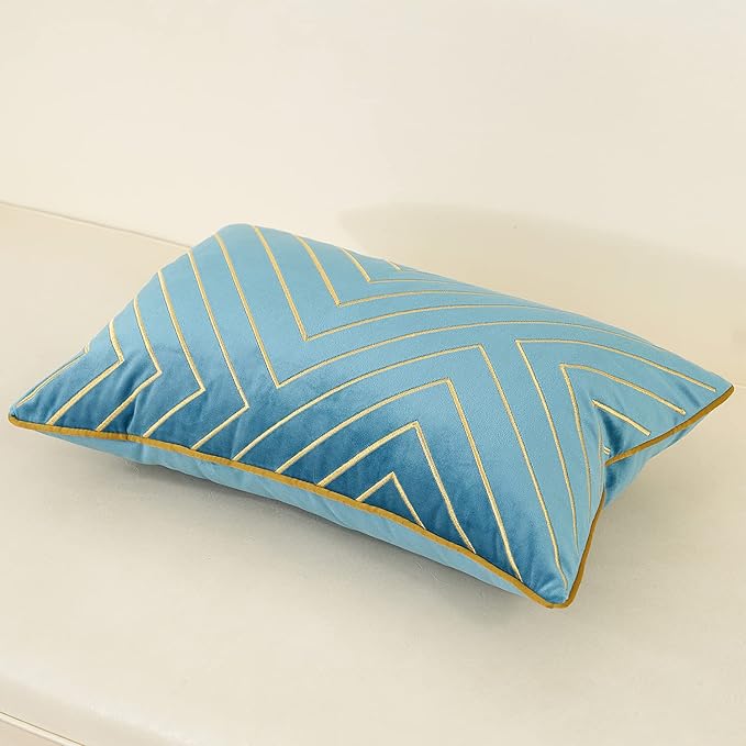 Avigers 12 x 20 Inch Grey Blue Gold Striped Geometric Lines Embroidery Velvet Cushion Case Luxury Modern Lumbar Throw Pillow Cover Decorative Pillow for Couch Living Room Bedroom Car 30 x 50cm