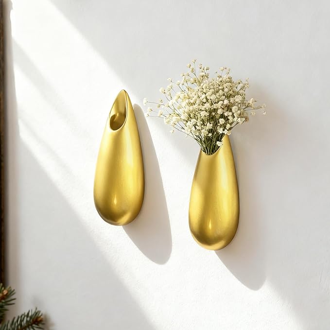 Sculptural Wall Ceramic Vase — 2 Pack Gold Hanging Sconce Vase | Turn Flowers into Art — Decorative Ceramic Wall Sconce for Single Stem Displays