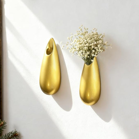 Sculptural Wall Ceramic Vase — 2 Pack Gold Hanging Sconce Vase | Turn Flowers into Art — Decorative Ceramic Wall Sconce for Single Stem Displays