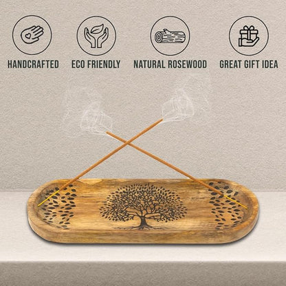 Incense Holder for Sticks Hand Carved - Tree of Life - Incense Burner/Ash Catcher- Handmade Wooden Insence Tray – Modern Gift Home/Room/Kitchen Décor 11x4x1.5 Inch