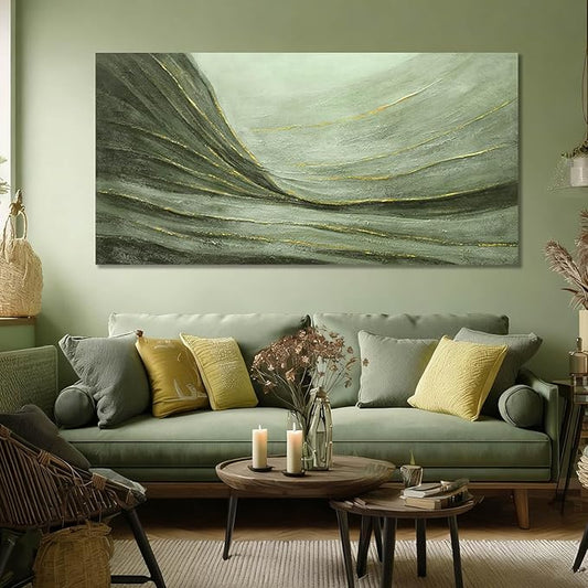 MLART99 Large Green and Gold Abstract Canvas Wall Art 24x48 Inch Modern Minimalist Painting for Living Room Bedroom Office Above Couch Wall Decoration Home Décor