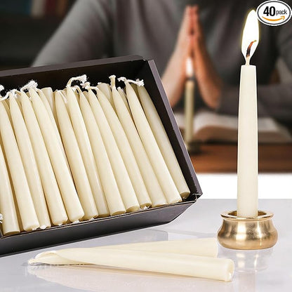 40Pcs 30 Minute Meditation Candles, White Mini Beeswax Taper Candles with Brass Candle Holders, Dripless Prayer Candles Gift for Yoga Relaxation (40, White)