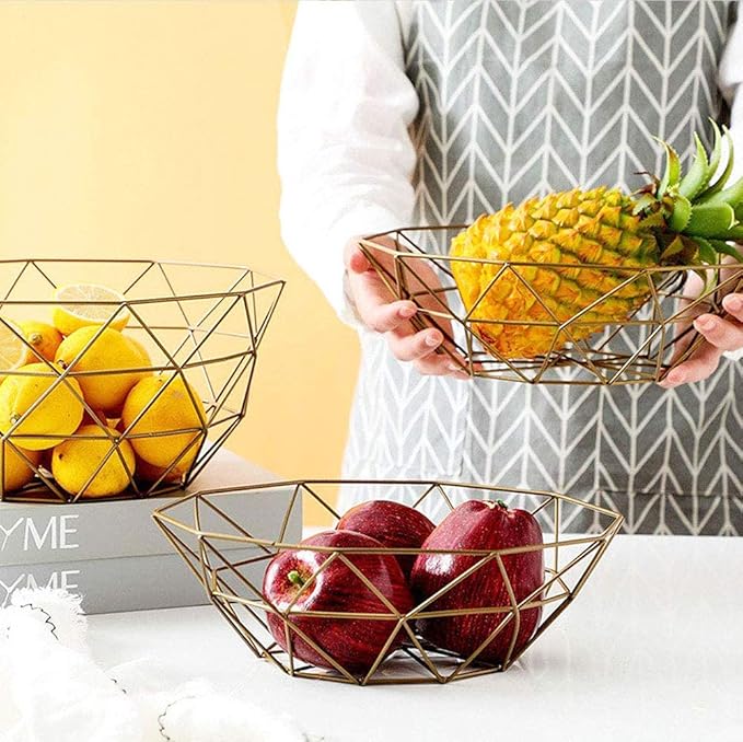 IBWell Geometric Metal Wire Fruit Bowl, Iron Arts Fruit Storage Baskets (Gold, Normal)