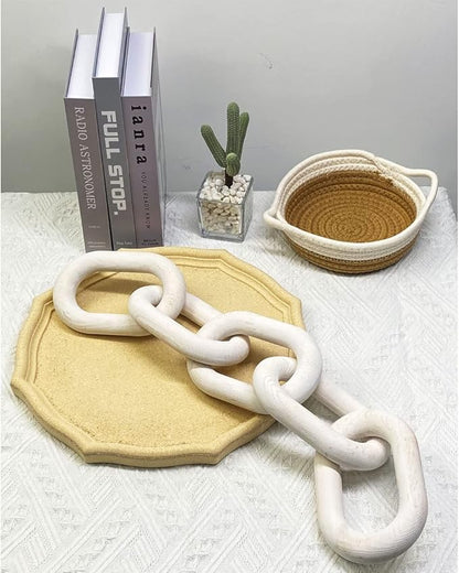 Wood Chain Link Decor | Hand Boho Carved Decor for Table , Shelf Decor Accents Rustic Farmhouse Aesthetic 5 Link Chain knot Decor Home Living Room, Bedroom, Entryway Coffee Table Decor (White)