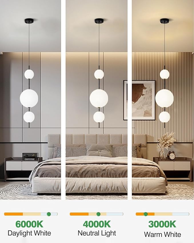 Modern Kitchen Island Pendant Lights, White Acrylic Globe Chandeliers, Dimmable Black LED Pendant Lights, Adjustable Indoor Hanging Light Fixture for Dining Room Bedroom Living Room