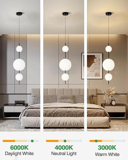 Modern Kitchen Island Pendant Lights, White Acrylic Globe Chandeliers, Dimmable Black LED Pendant Lights, Adjustable Indoor Hanging Light Fixture for Dining Room Bedroom Living Room