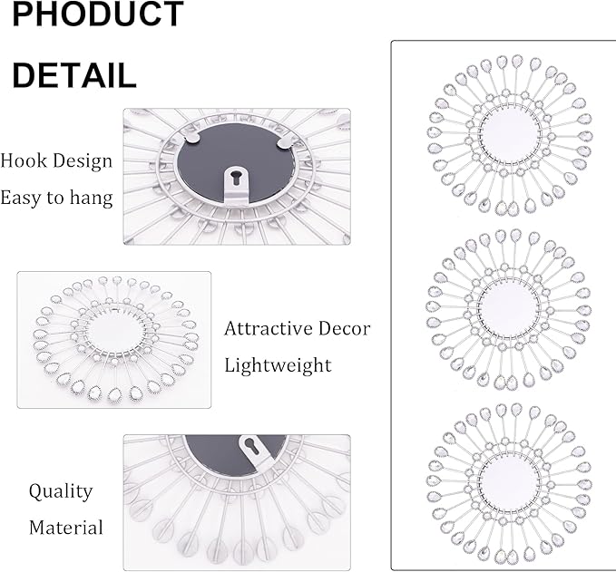 Silver Mirrors 3 PCE, 9 inchSunburst Mirror Hanging Wall Decor, Christmas Decorative Mirror Wall Art, Round Mirrors for Bedroom Living Room Bathroom Kitchen, Warming