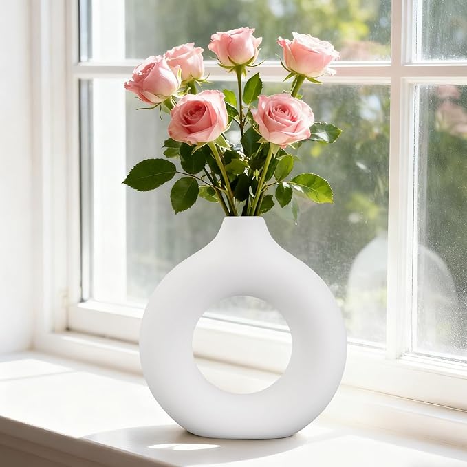 White Ceramic Vase, 2Pcs Round Boho Style Pampas Grass Home Vases, Minimalist Modern Donut Flower Vase for Living Room Office Wedding Coffee Table Decor