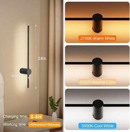 NIORSUN 24 Inch Battery Operated Wall Sconce Set of 2,Black Minimalist Rechargeable LED Wall Lights with Remote, 10 Colors Dimmable Wireless Wall Lamp for Living Room Bedroom Hallway