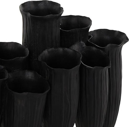 Deco 79 Ceramic Abstract Decorative Vase Floral Inspired 10 Openings Centerpiece Vase with Linear Grooves, Flower Vase for Home Decoration 13" x 5" x 11", Black