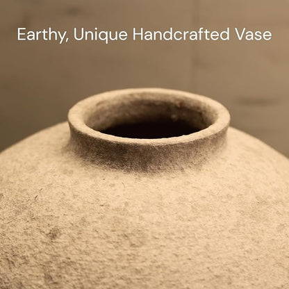 Handemade Large Round Vase for Centerpieces, White Rustic Vase Farmhouse Decor, Distressed Textured for Home Decorations, Earthy Room Decor Aesthetic, Stone Look Ceramic Clay Pottery, 10 inch