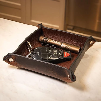 Valet Tray – Full-Grain Leather Catchall Organizer for Keys, Phone & Wallet – Rustic Nightstand & Desk Tray with Raised Sides – Handmade in USA (Vintage Brown, Small Square)