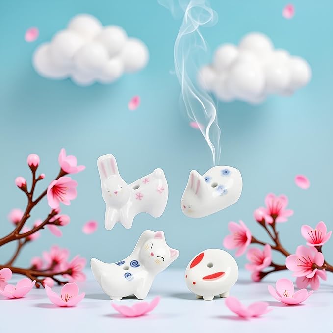 4Pcs Rabbit Cat Ceramic Incense Holder Cute White Animals Incense Sticker Holder Fun Home Decorative Ornaments for Home Room Decoration Yoga Spa Meditation Incense Holders