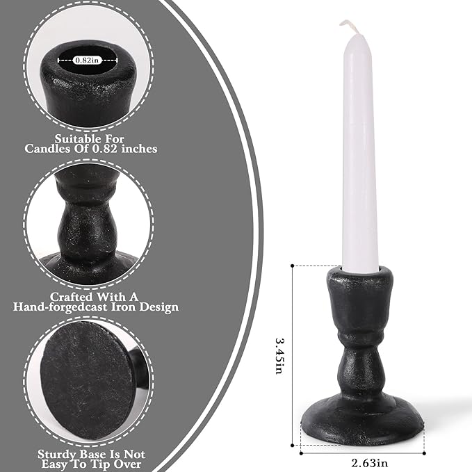 Cast Iron Candle Holders Antique Brass Iron Taper Candle Holders Set of 2, Decorative Metal Candlestick Stands for Weddings, Dining, Parties, and Home Decor (Black)