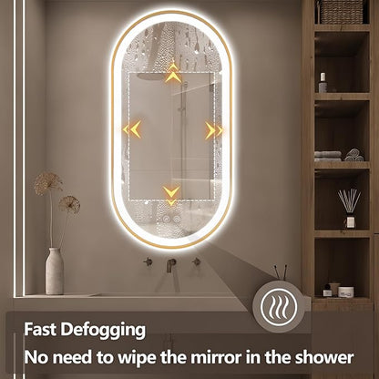 Niccy Oval LED Mirror for Bathroom, 48x24 Front Lit + Backlit Vanity Mirror with Light Anti-Fog, Shatter-Proof, 3 Colors, Makeup Mirrors with Gold Frame (Horizontal/Vertical)