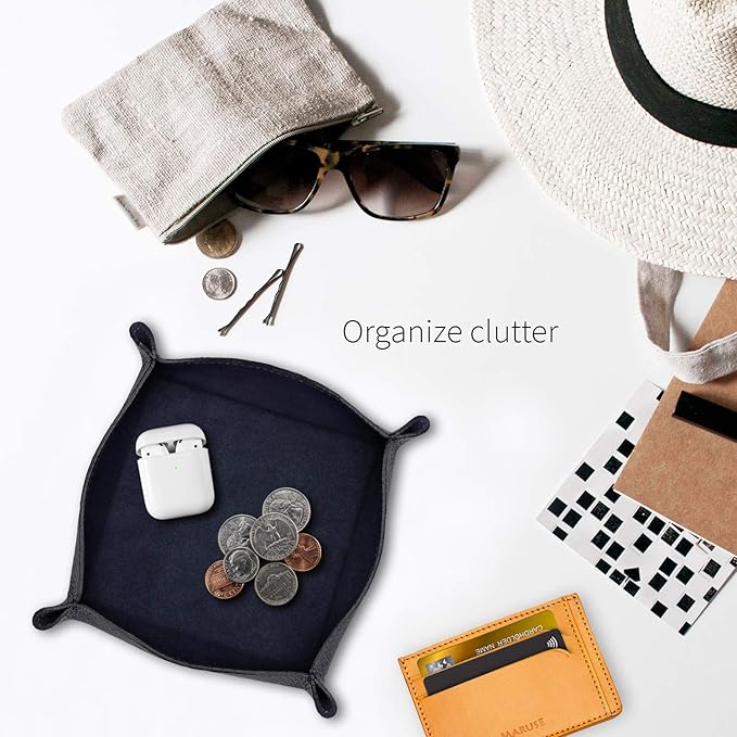 Maruse Italian Tumble Leather Valet Tray Organizer, Office Desk Accessory, Durable Leather Handmade in Italy (Navy Blue)
