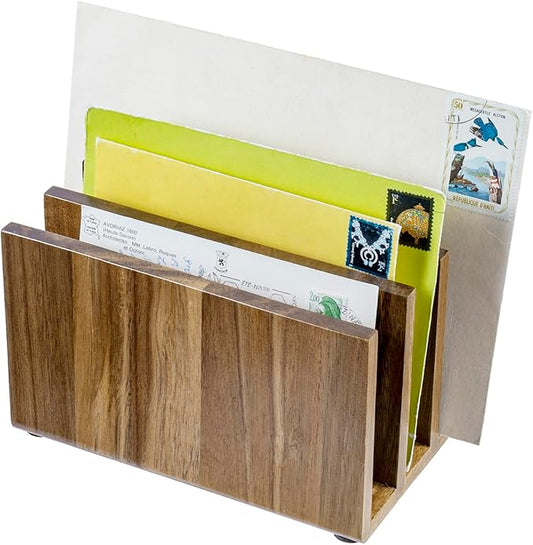 MyGift 3 Slot Premium Acacia Solid Wood Mail Holder, Entryway Countertop Letter Organizer, Office Desktop File Sorter, Bill Divider, Envelope Storage Bin
