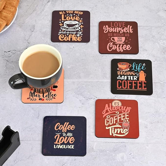GKD Wooden Coasters for Drinks, Motivational MDF Wooden Coasters Set of 6 with Holder, 3.8 inches Eco-Friendly Absorbent Coaster for Coffee Table, Office, Bar, Drinking Glasses, Tabletop Protection