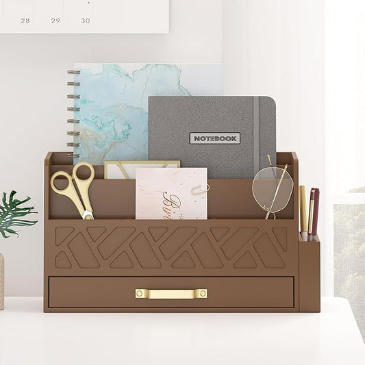 Bamboo Desktop Organizer with Drawer,Bill & Mail Organizer for Office Desk, Wall Mounted and Countertop Mail Sorter,Workspace Storage Accessories Organizer for File Letter （Brown）