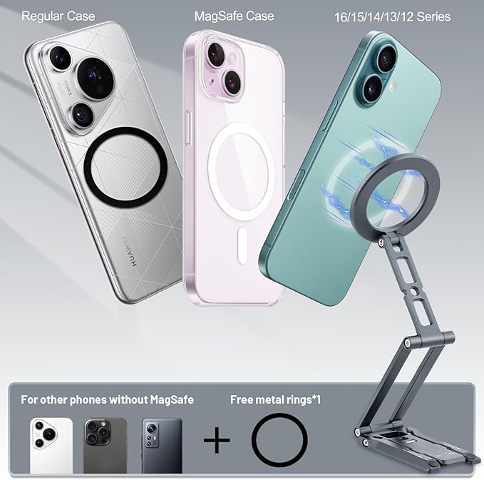 Leftfoto Metal Strong Magnetic Phone Stand 3-Axis Adjustable Foldable Cell Phone Mini Tripod Desk Holder Compatible with iPhone17/Promax16/15 Pro Max/14 Pro/13/12/MagSafe Cases or Android Phones