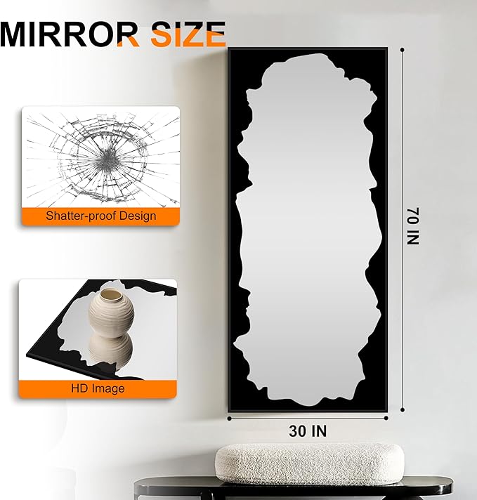 Full-Length Mirror Free Standing Leaning Mirror with Artistic Black Abstract Overlay Deco, 70"x30" Shatterproof Wall-Mounted Mirror, Perfect for Living Room, Bedroom, Cloakroom, and Bathroom Decor
