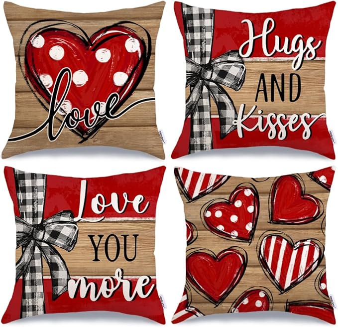 GEEORY Valentine's Day Love You More Hugs and Kisses Throw Pillow Covers 16x16 Inch Set of 4, Red Hearts Stripes Decorative Farmhouse Wedding Cushion Case for Home Decoration G652-16
