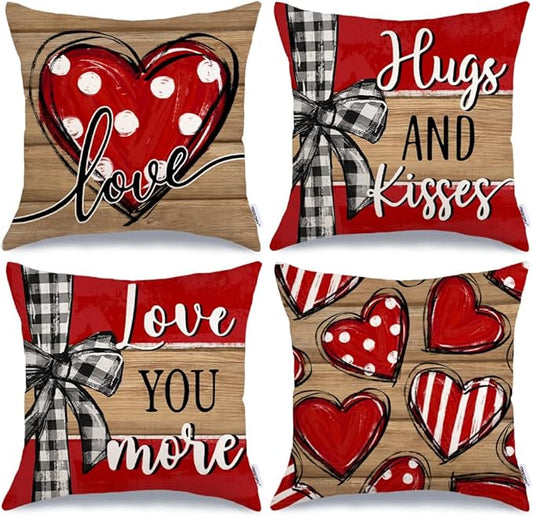 GEEORY Valentine's Day Love You More Hugs and Kisses Throw Pillow Covers 16x16 Inch Set of 4, Red Hearts Stripes Decorative Farmhouse Wedding Cushion Case for Home Decoration G652-16