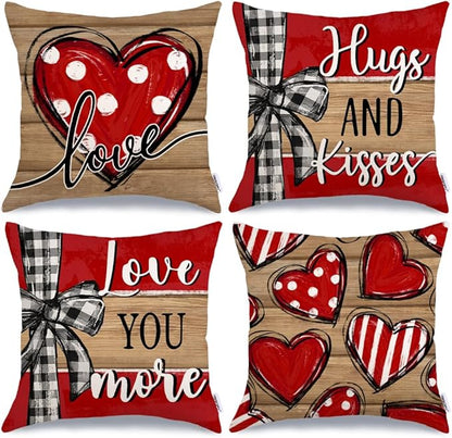 GEEORY Valentine's Day Love You More Hugs and Kisses Throw Pillow Covers 20x20 Inch Set of 4, Red Hearts Stripes Decorative Farmhouse Wedding Cushion Case for Home Decoration G652-20