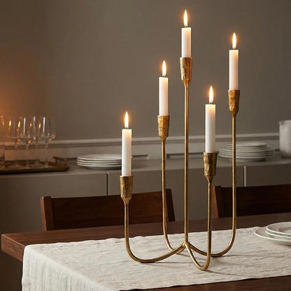 Iron Tabletop Candelabra, Hand-Forged 5-Candle Cast Iron Candle Holder with Elegant Muted Vintage Gold Finish for Dining Room, Living Room, Mantel
