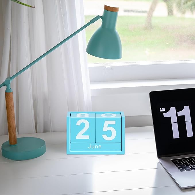 Wooden Block Calendar for Desk, Small Size Daily Desktop Perpetual Desk Calendar, Cute Date Display Desk Accessories for Home Office Decor, Teacher, Classroom, Reusable Yearly, Blue