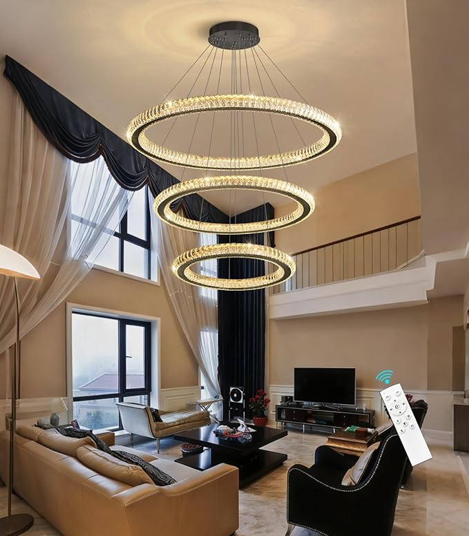 3 Rings Modern LED Chandelier Crystal Dimmable Large Foyer Chanderliers Entryway High Ceiling for Staircase Pendant Lights for Living Room Black Light