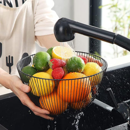 HOMQUEN Fruit Basket, Fruit Bowl, Metal Wire Fruit Basket for kitchen, Fruit Bowl for Kitchen Counter, Basket for Fruits, Vegetables, Breads, Snacks, Kitchen Gadgets (Round Tall, Black)