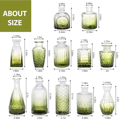 12 Pack Green Glass Bud Vase Set, Small Vintage Vases for Centerpieces, Decorative Flower Vases for Wedding Home Table Decor