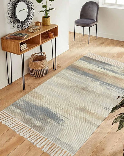Beige Gray Brown Runner Rug 3X5 Ft Bedroom Area Rug, Washable Woven Abstract Ombre Art Throw Carpet with Tassel, Non-Shedding Vintage Minimalist Gradient Aesthetic Dining Room Living Room Carpets