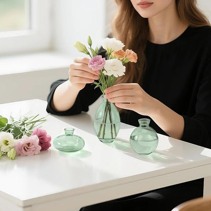Suream Green Small Flower Vase, Set of 3 Cute Vase for Minimalist Decor, Glass Bud Vases for Home Table Flower Decoration