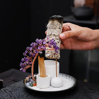 5 in 1 Incense Burner Holder with Crystal Tree for Burning Palo Santo Stick, Sage, Incense Sticks, Candle, Ceramic Tray Ash Catcher, Meditation Gift (Purple)