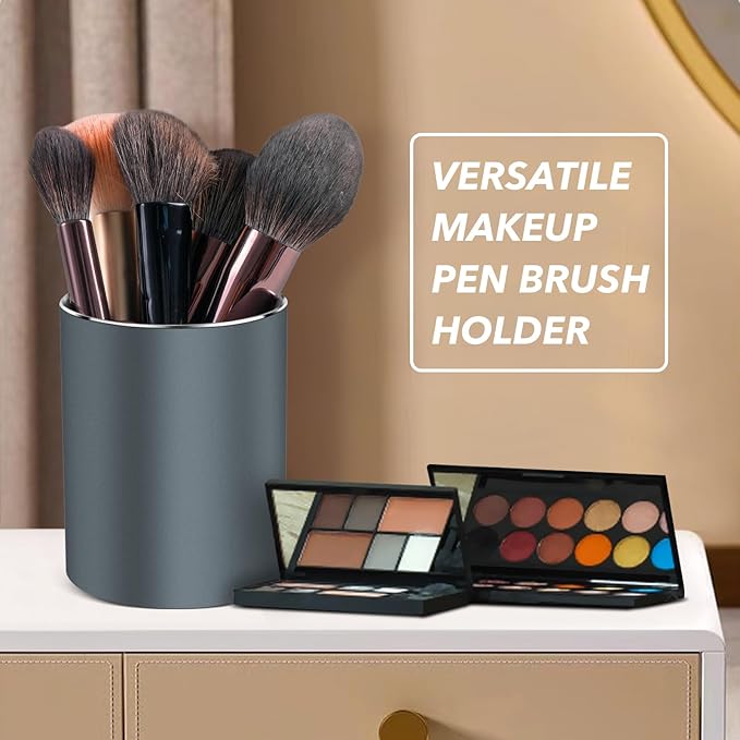 RQB Metal Pen Holder for Desk Round Aluminum Desktop Organizer and Makeup Brush Holder Storage Box for Office, School, Home, and Kids, Non-slip silicone bottom3.9×3.14inch (Grey)