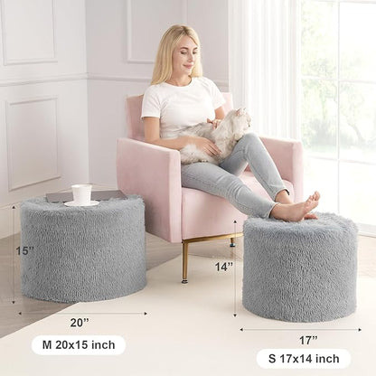 Hansleep Pouf Ottoman Foam Filled 17 x 14, Faux Fur Round Ottoman Foot Rest for Chair with Washable Cover, Foot Stools Under Desk for Living Room & Bedroom, Grey