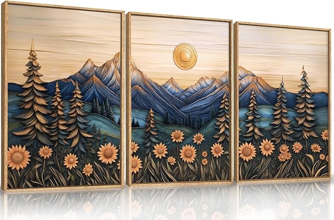 Aryroi Vintage Woodcut Style Mountain Framed Canvas Wall Art Set, Natural Forest Pine Tree Sunflower Wall Decor,Abstract Sunrise Botanical Landscape Artwork for Living Room,Bedroom,Office-24 x36 x3