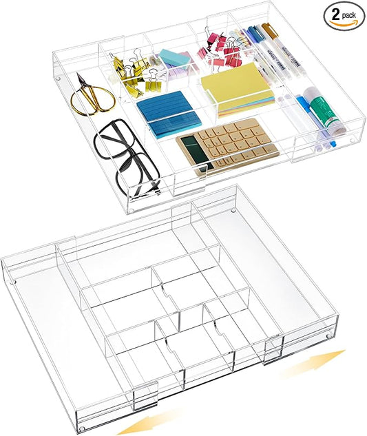 2 Pcs Acrylic Desk Drawer Organizer Maximum 12 x 18 x 2.1 Inch Expandable Drawer Organizer Trays with 8 Adjustable Compartments Desk Accessories for Makeup Silverware Office Bathroom