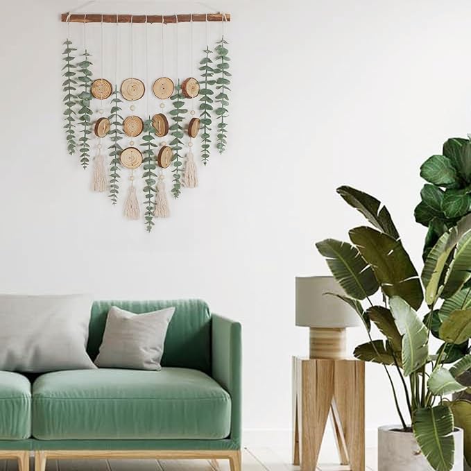 Artificial Eucalyptus Wall Hanging Decor - Fake Eucalyptus Greenery Leaves Stems Wall Hanging Plants with Wooden Stick Boho Rustic Farmhouse Decor for Bathroom Bedroom Office Living Room