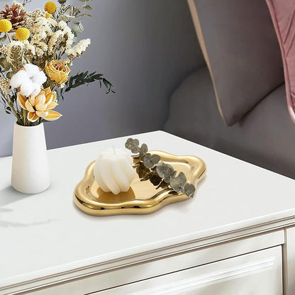 Gold Ceramic Cloud Jewelry Tray, Luxe Gold Electroplated Trinket Dish for Rings/Bracelets/Keys/Perfume, Elegant Cloud Shape Vanity Tray & Key Tray Organizer, Birthday/Mother’s Day/Valentine’s Gift
