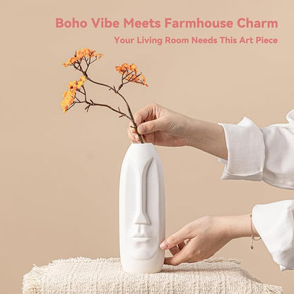 White Ceramic Face Vase - 8.4" Unique Flower Vase with Matte Finish, Decorative Boho/Farmhouse Vase for Pampas Grass & Centerpieces, Living Room/Office Desk Decor & Gift for Her/Yourself