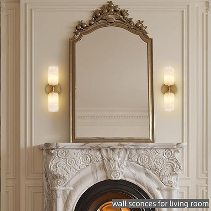 Alabaster Wall Sconces Set of 2, 14in Modern Spanish Natural Marble Vanity Light, Dimmable Hardwired Brass Gold Wall Sconce Lighting for Bathroom Mirror, Bedroom, Luxury Natural Stone Wall Fixtures