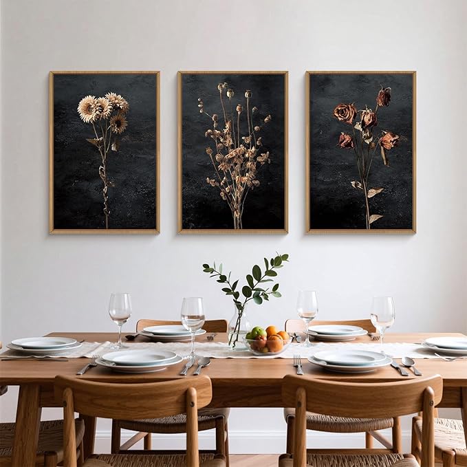 Aryroi Large Moody Dark Floral Framed Canvas Wall Art,Vintage Dried Flowers Wall Decor,Modern Retro Wildflowers Artwork,Mid Century Boho Botanical Art Print For Living Room,Bedroom,Office-16 x24 x3