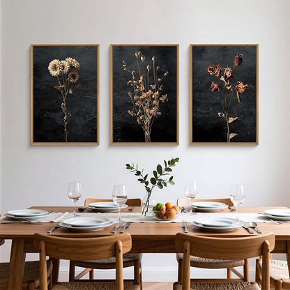 Aryroi Large Moody Dark Floral Framed Canvas Wall Art,Vintage Dried Flowers Wall Decor,Modern Retro Wildflowers Artwork,Mid Century Boho Botanical Art Print For Living Room,Bedroom,Office-16 x24 x3