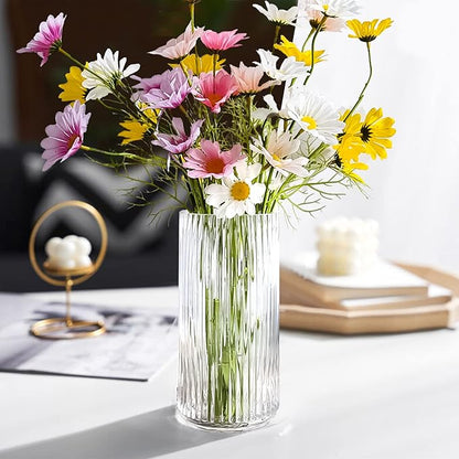 Muyan 7.5" Flower Vase for Decor Ribbed Glass Vase Modern for Centerpieces Desktop Home Office Dining Living Room Wedding (Clear)